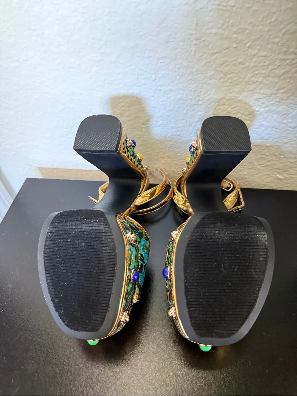 BAMBOO Gold-Trim Emerald Floral Platform Sandals